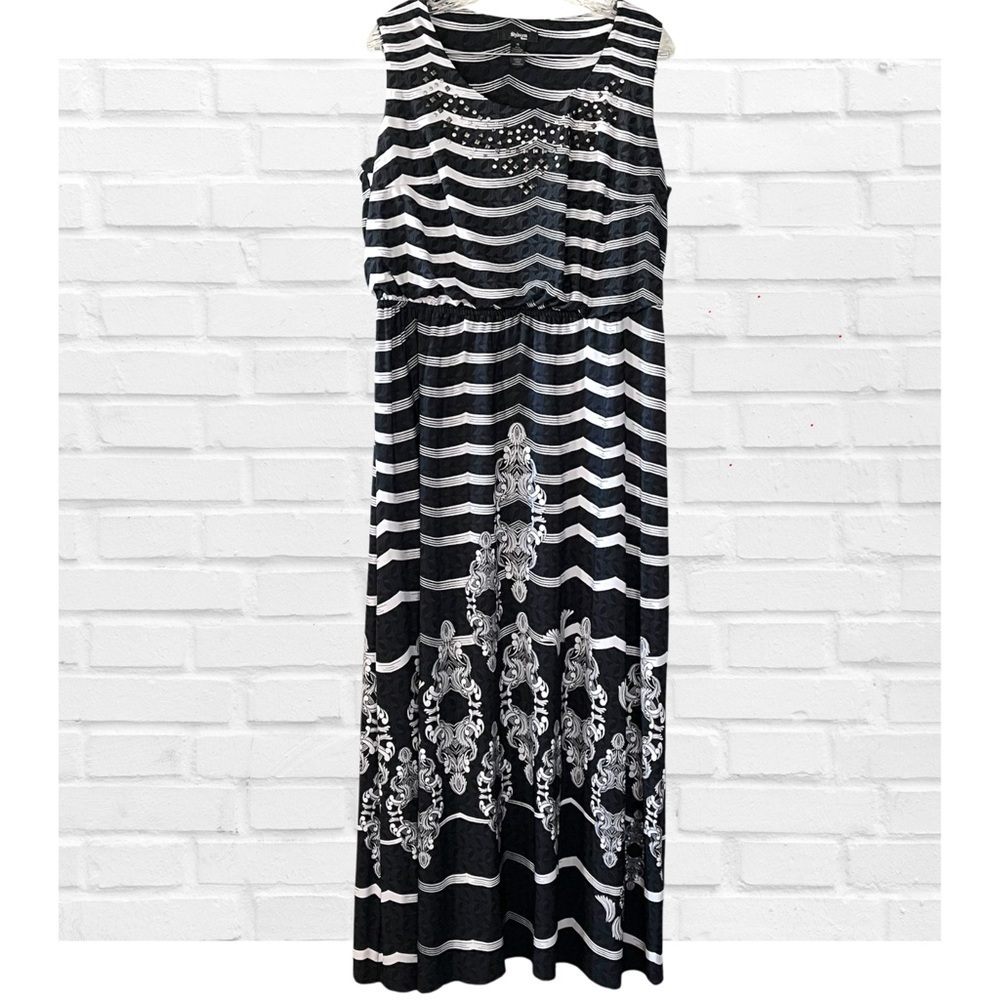 Style & Co 1X Empire Waist Maxi Dress Black White Metallic Stud Geometric Stripe